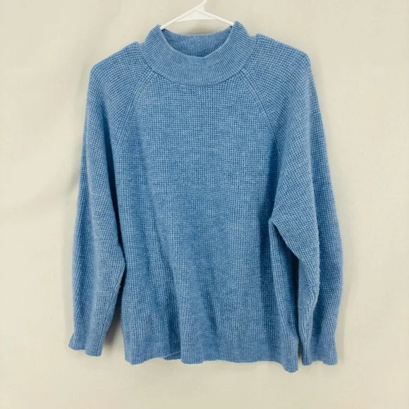 Gap women’s small Waffle-Knit Mockneck Sweater Blue Soft Cozy boxy pullover - Picture 3 of 11